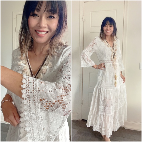 04 Floral Lace Tassel Pom Pom V neck maxi Dress - Picture 8 of 8